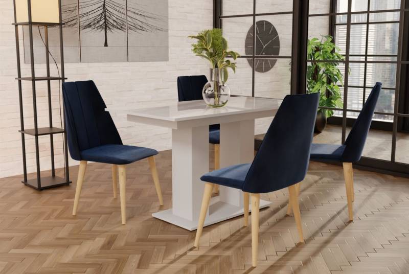 Essgruppe Weiss HGL-Tisch mit 4 Dunkelblau CAROS Stühlen für Esszimmer oder K... von Fun Moebel