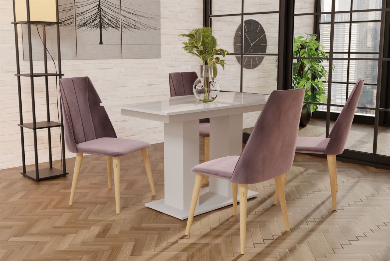 Essgruppe Weiss HGL-Tisch mit 4 Flieder CAROS Stühlen für Esszimmer oder Küche von Fun Moebel