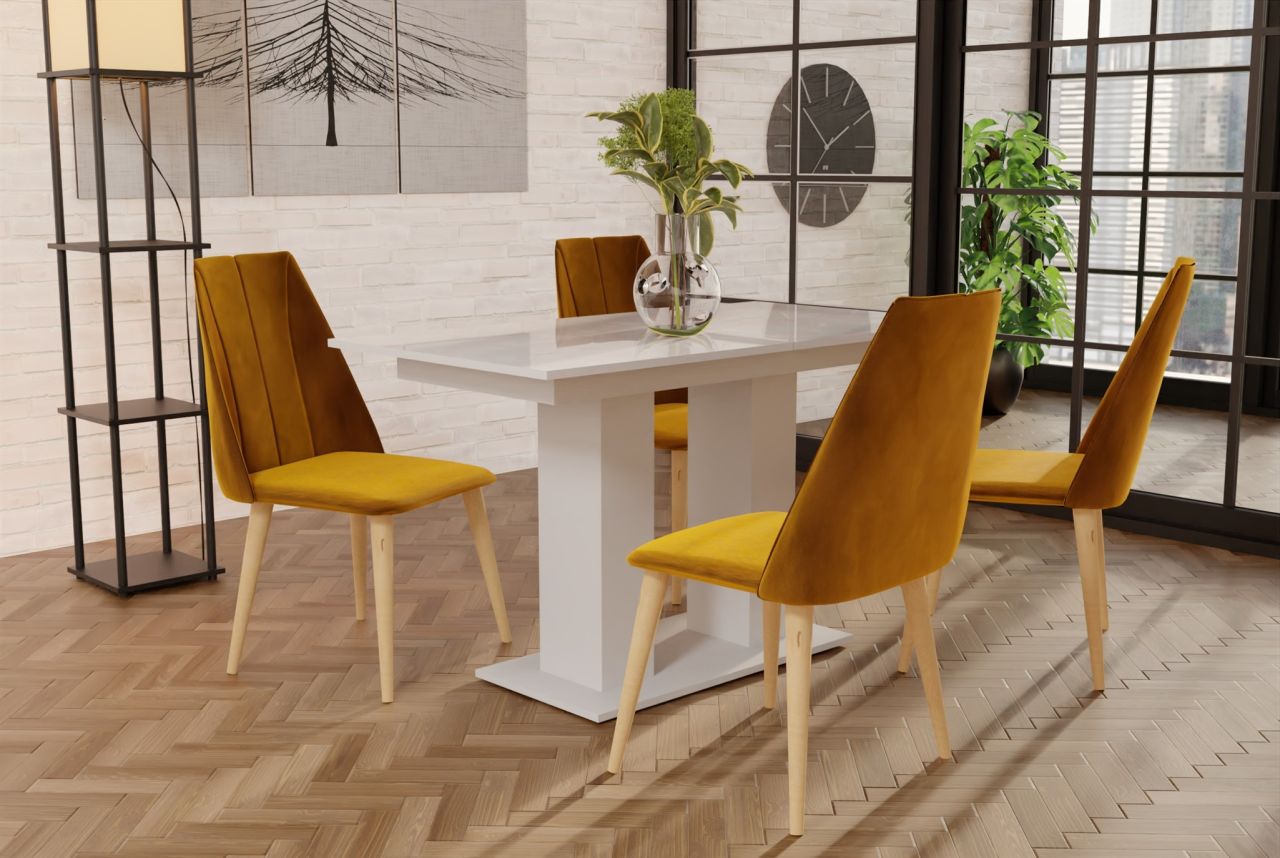 Essgruppe Weiss HGL-Tisch mit 4 Gelb CAROS Stühlen für Esszimmer oder Küche von Fun Moebel
