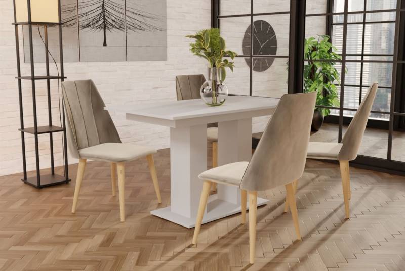 Essgruppe Weiss matt-Tisch mit 4 Creme CAROS Stühlen für Esszimmer oder Küche von Fun Moebel
