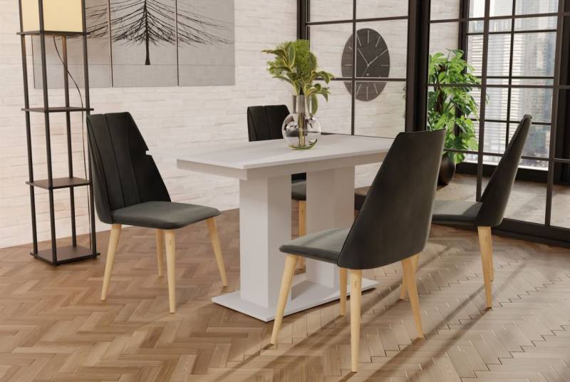 Essgruppe Weiss matt-Tisch mit 4 Dunkelgrau CAROS Stühlen für Esszimmer oder ... von Fun Moebel