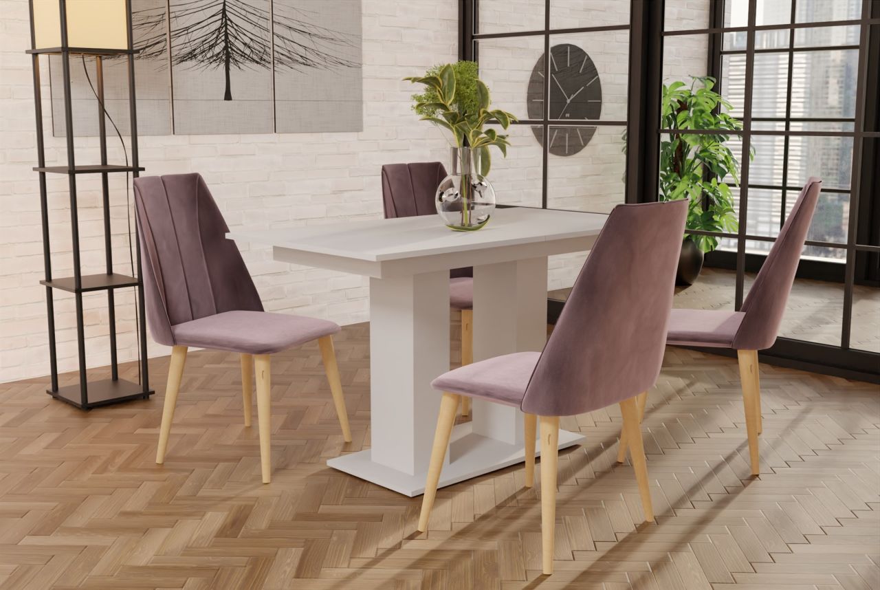 Essgruppe Weiss matt-Tisch mit 4 Flieder CAROS Stühlen für Esszimmer oder Küche von Fun Moebel