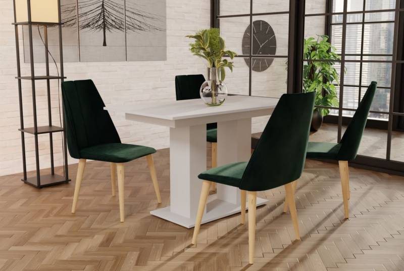 Essgruppe Weiss matt-Tisch mit 4 Grün CAROS Stühlen für Esszimmer oder Küche von Fun Moebel