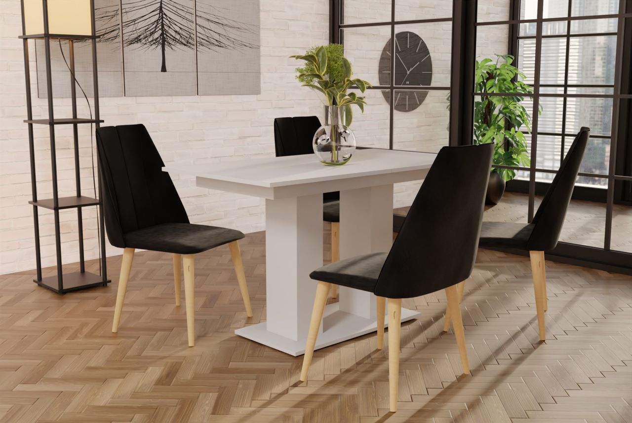 Essgruppe Weiss matt-Tisch mit 4 Schwarz CAROS Stühlen für Esszimmer oder Küche von Fun Moebel