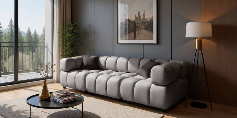 Fun Möbel 3-Sitzer Designersofa FLOW in Stoff Bluvel, mit Hockern zum Ecksofa erweiterbar, Rundumbezug von Fun Möbel