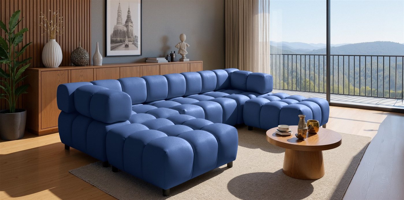 Fun Möbel 3-Sitzer Designersofa FLOW inkl.2xPolsterhocker in Stoff Bluvel, Rundumbezug, mit Hockern zum Ecksofa oder zur Wohnlandschaft erweiterbar von Fun Möbel