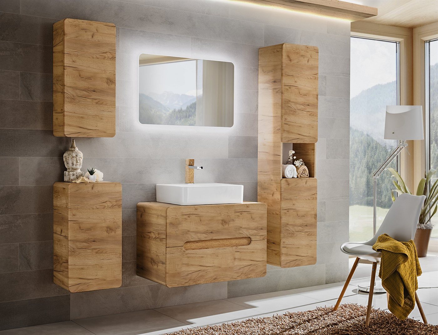 Fun Möbel Badezimmer-Set Badmöbel 5/6-tlg FERMO 80cm Gold Eiche mit oder ohne Waschbecken, (Set oder Spar-Set, 6-St), Schubladen und Türen mit Soft-Close-System von Fun Möbel