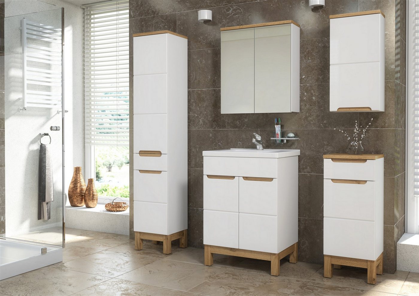 Fun Möbel Badezimmer-Set Badmöbel DEVI Weiss Hochglanz inkl. Waschbecken 60 cm, (Set, 5-St), Schubladen und Türen mit Soft-Close-System von Fun Möbel