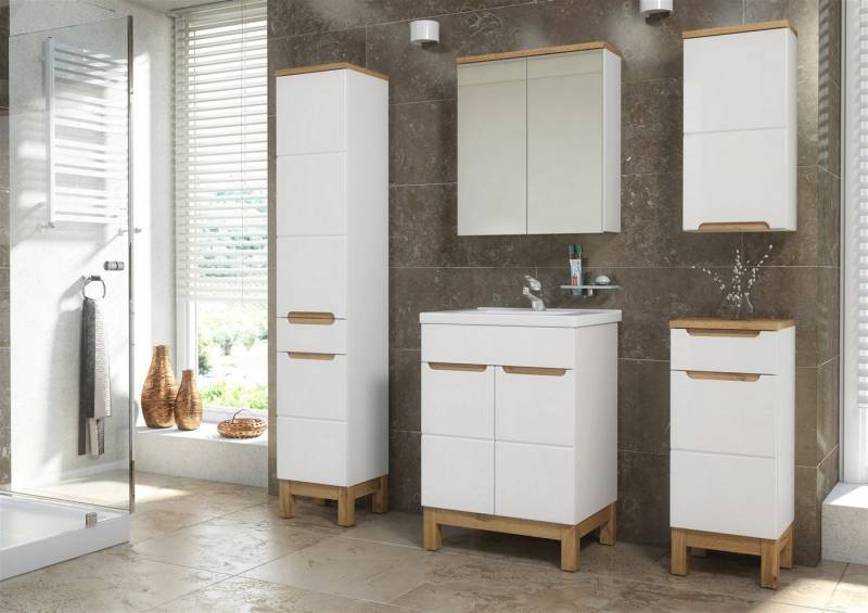 Fun Möbel Badezimmer-Set Badmöbel DEVI Weiss Hochglanz inkl. Waschbecken 60 cm, (Set, 5-St), Schubladen und Türen mit Soft-Close-System von Fun Möbel