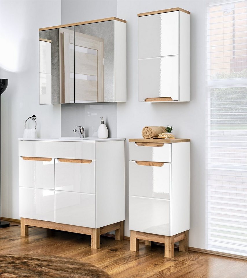 Fun Möbel Badezimmer-Set Badmöbel DEVI Weiß Hochglanz inkl. Waschbecken 80 cm, (Set, 4-St), Schubladen und Türen mit Soft-Close-System von Fun Möbel