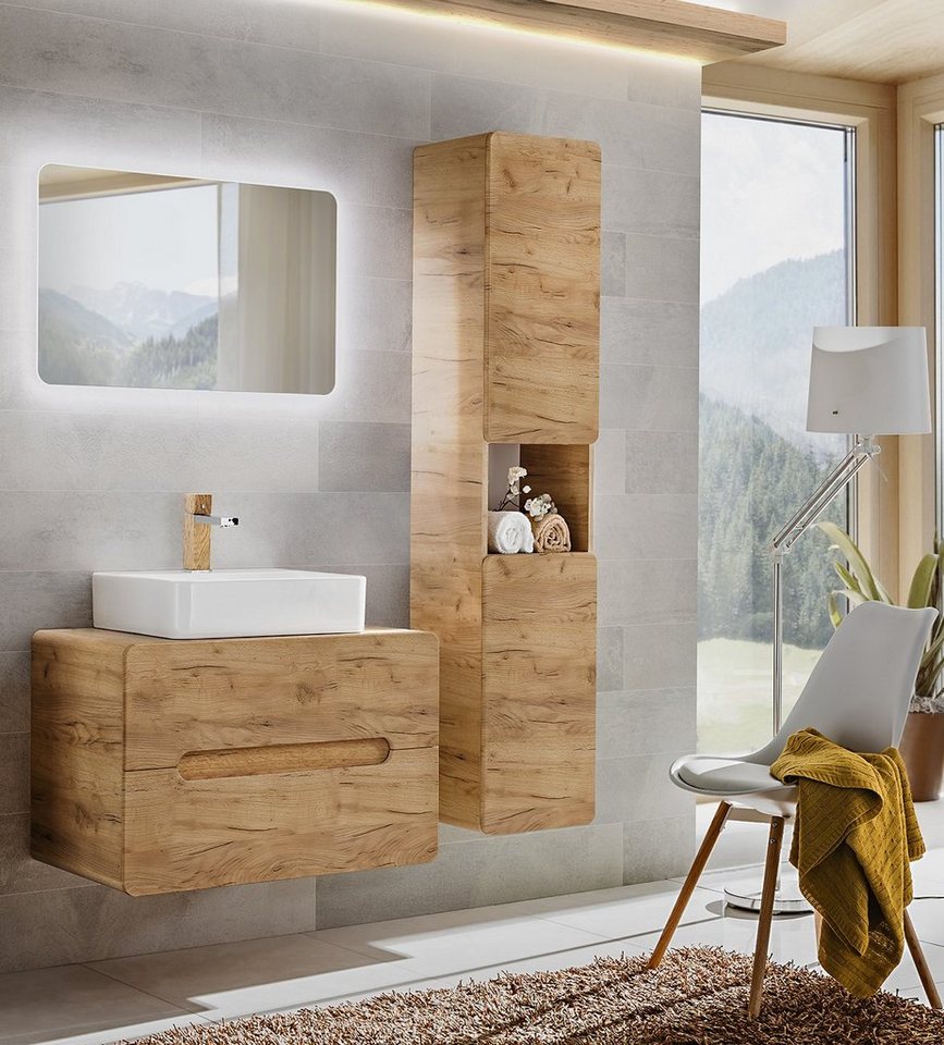 Fun Möbel Badezimmer-Set Badmöbel FERMO 80cm Gold-Eiche mit oder ohne Waschtisch, (Komplett-Set oder Spar-Set, 3-St), Schubladen und Türen mit Soft-Close-System von Fun Möbel