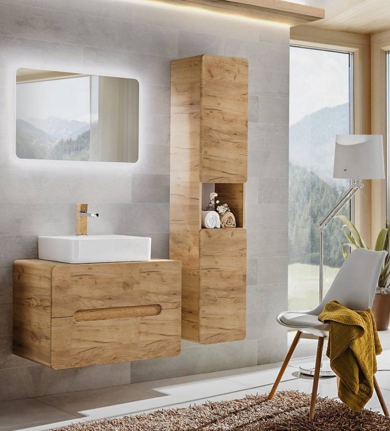 Fun Möbel Badezimmer-Set Badmöbel FERMO 80cm Gold-Eiche mit oder ohne Waschtisch, (Komplett-Set oder Spar-Set, 3-St), Schubladen und Türen mit Soft-Close-System von Fun Möbel