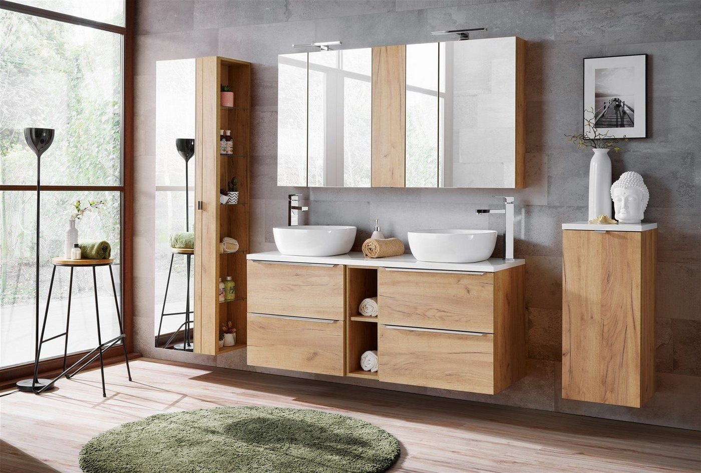 Fun Möbel Badezimmer-Set Badmöbel PERUGIA Eiche Set.7 ohne Waschbecken, (Spar-Set, 9-St), Schubladen und Türen mit Soft-Close-System von Fun Möbel