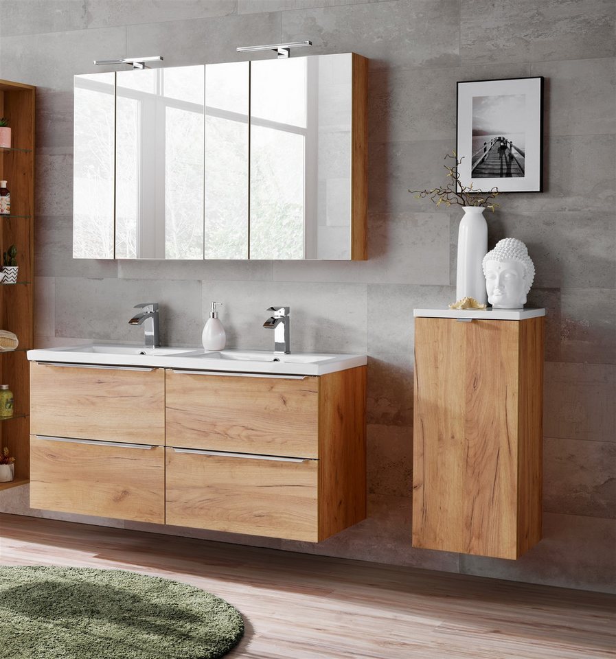 Fun Möbel Badezimmer-Set Badmöbel PERUGIA Gold Eich inkl. 120cm Doppelwaschbecken, (Set, 6-St), Schubladen und Türen mit Soft-Close-System von Fun Möbel