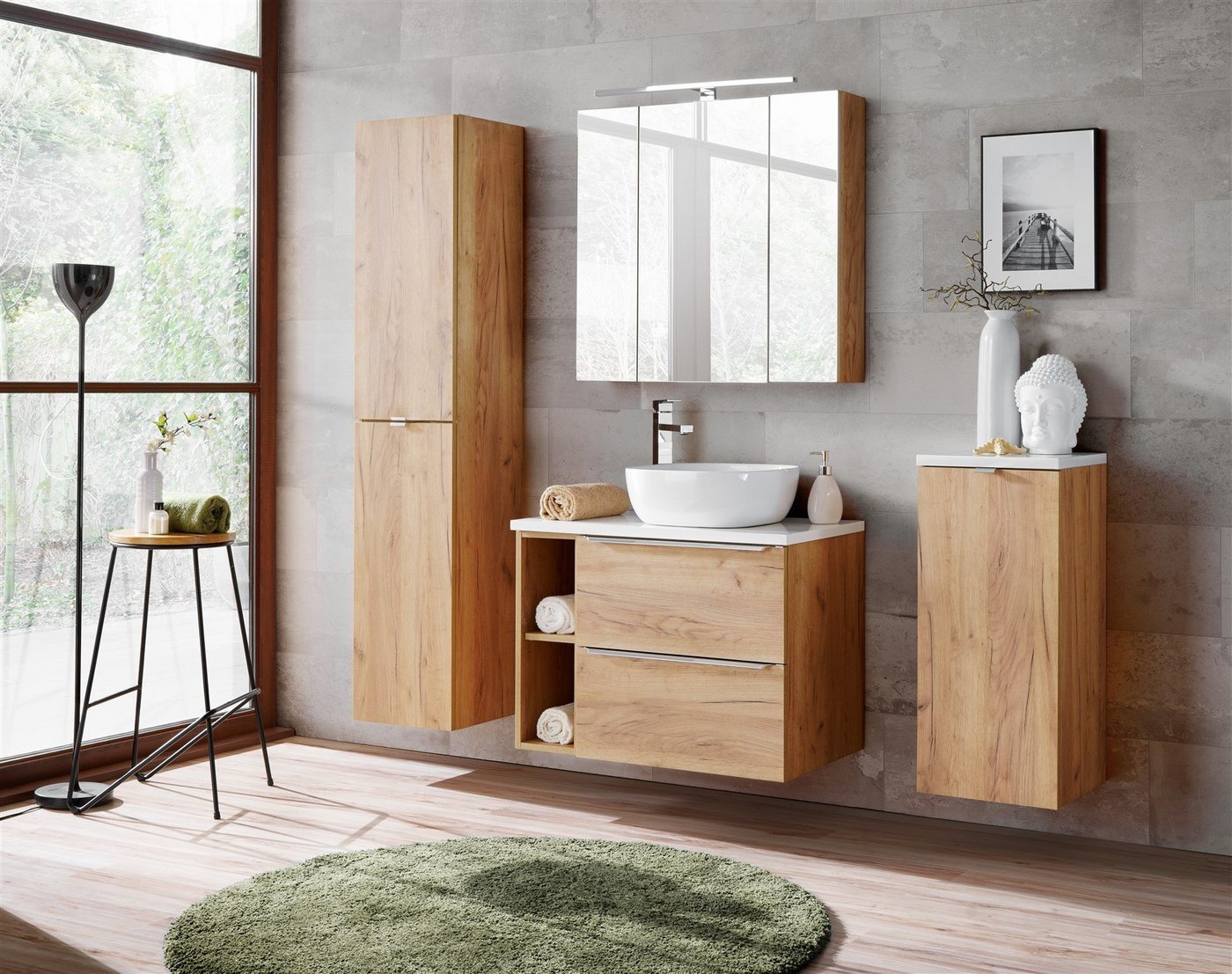 Fun Möbel Badezimmer-Set Badmöbel PERUGIA Gold Eiche Set.1 (Regal 80cm), (Komplett-Set, 7-St), Schubladen und Türen mit Soft-Close-System von Fun Möbel