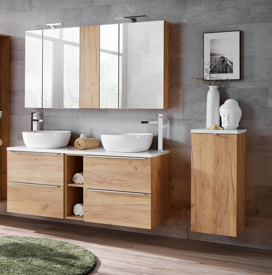 Fun Möbel Badezimmer-Set Badmöbel PERUGIA Gold Eiche mit oder ohne 2 x Waschbecken, (Komplett-Set oder Spar-Set, 8-St), Schubladen und Türen mit Soft-Close-System von Fun Möbel