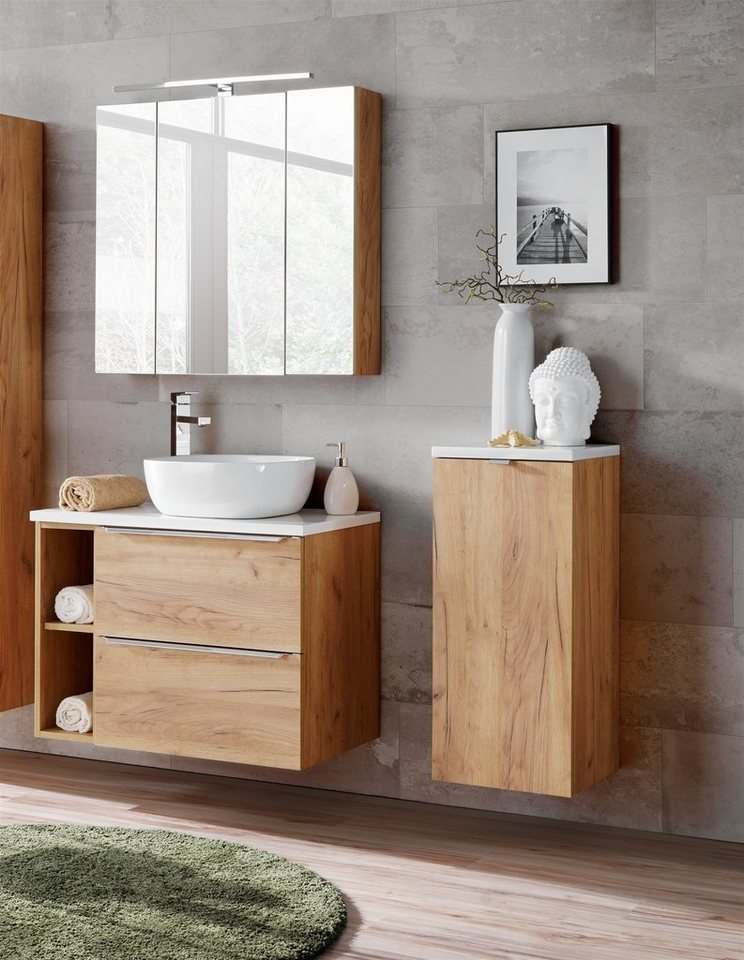 Fun Möbel Badezimmer-Set Badmöbel PERUGIA Gold Eiche mit oder ohne Waschbecken, (Komplett- oder Spar-Set, 5-St), Schubladen und Türen mit Soft-Close-System von Fun Möbel