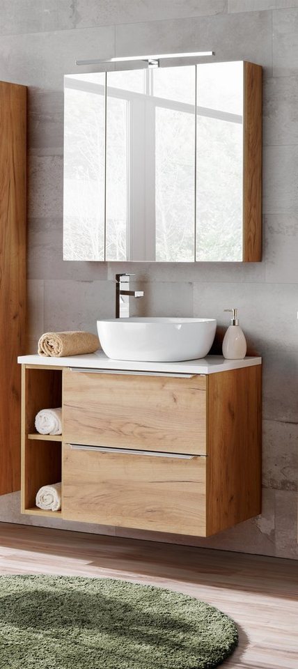 Fun Möbel Badezimmer-Set Badmöbel PERUGIA Gold Eiche mit oder ohne Waschbecken, (Komplett- oder Spar-set, 4-St), Schubladen und Türen mit Soft-Close-System von Fun Möbel