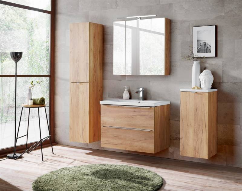 Fun Möbel Badezimmer-Set Badmöbel PERUGIA Set.4 (Waschbeckenunterschrank 60cm) Gold Eiche, (Komplett-Set, 5-St), Schubladen und Türen mit Soft-Close-System von Fun Möbel