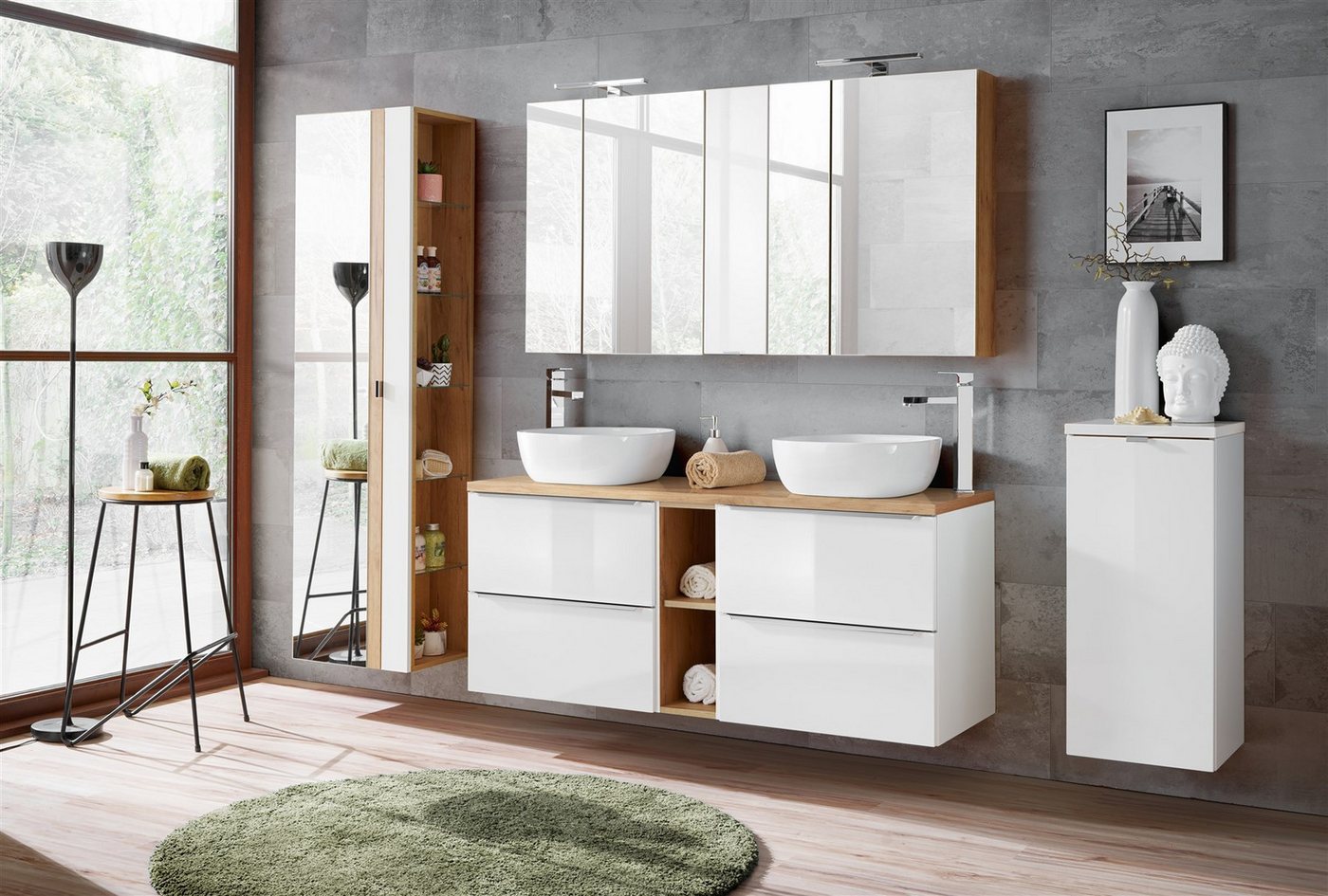 Fun Möbel Badezimmer-Set Badmöbel PERUGIA Weiß Hochglanz Set.7 ohne Waschbecken, (Spar-Set, 9-St), Schubladen und Türen mit Soft-Close-System von Fun Möbel