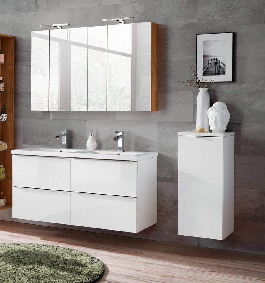 Fun Möbel Badezimmer-Set Badmöbel PERUGIA Weiß Hochglanz inkl. Waschbecken, (Komplett-Set, 6-St), Schubladen und Türen mit Soft-Close-System von Fun Möbel