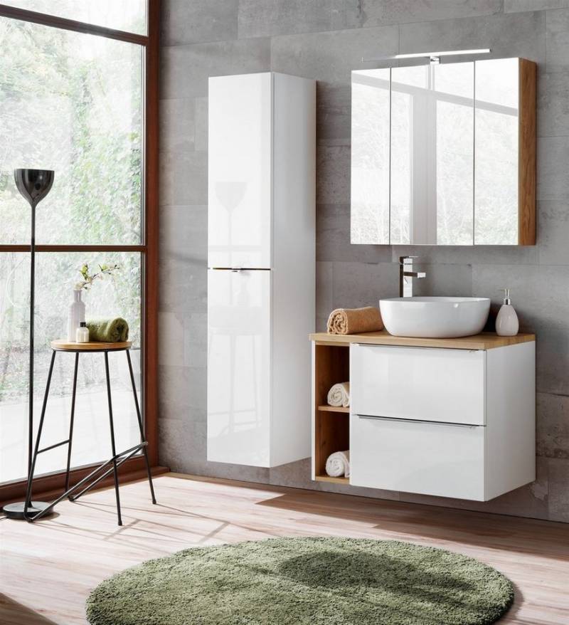 Fun Möbel Badezimmer-Set Badmöbel PERUGIA Weiß Hochglanz mit oder ohne Waschbecken, (Komplett-Set oder Spar-Set, 6-St), Schubladen und Türen mit Soft-Close-System von Fun Möbel