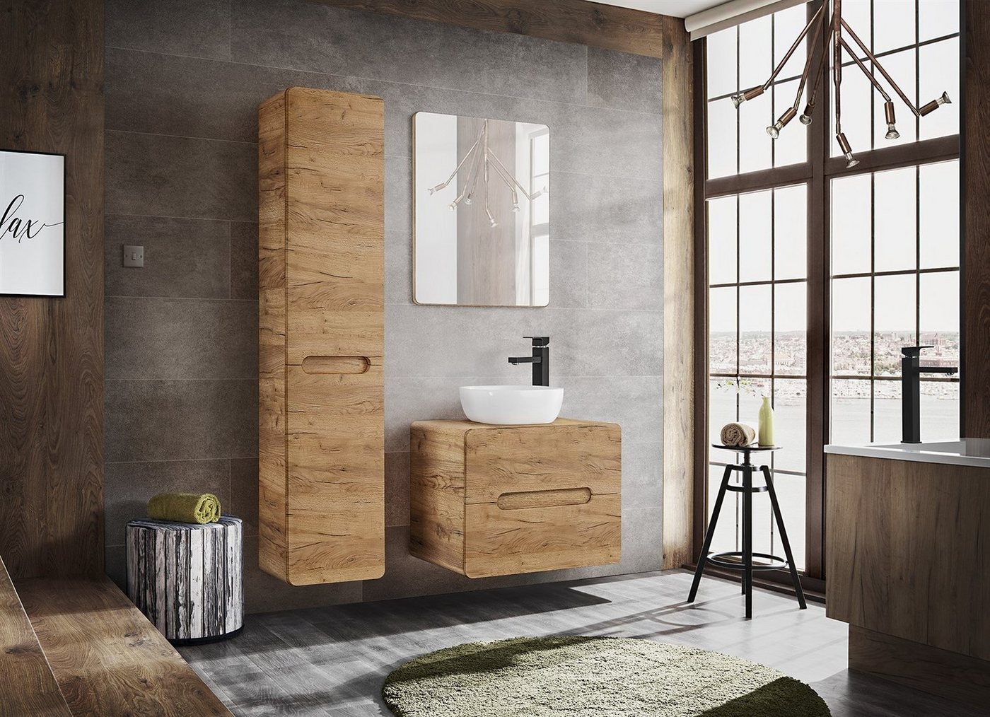 Fun Möbel Badezimmer-Set FERMO 80cm Gold Eiche inkl. Waschbecken, (Set, 4-St), Schubladen und Türen mit Soft-Close-System von Fun Möbel