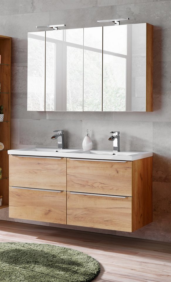 Fun Möbel Badezimmer-Set PERUGIA Gold Eich inkl. 2x Waschbecken, (Set, 5-St), Schubladen und Türen mit Soft-Close-System von Fun Möbel