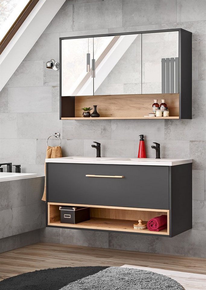 Fun Möbel Badmöbel-Set 2-tlg BURBON in Graphit inkl. Waschtisch 120cm, (Set, 2-St., Unterschrank, Keramikbecken, Spiegelschrank), Schubladen und Türen mit Soft-Close-System von Fun Möbel