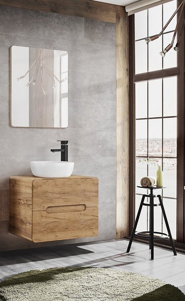 Fun Möbel Badmöbel-Set Badezimmerset FERMO 80cm Gold-Eiche ohne Waschtisch, (Set, 2-St., Waschbeckenunterschrank und Spiegel), Schubladen mit Soft-Close-System von Fun Möbel