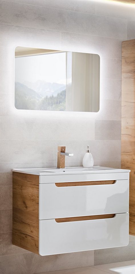 Fun Möbel Badmöbel-Set 2-tlg Badezimmerset FERMO Weiss HGL inkl. Waschtisch 60cm oder 80cm, (Set, 2-St., Waschbeckenunterschrank, Waschtisch, Spiegel), Schubladen mit Soft-Close-System, Spiegel inkl. LED Fun Möbel Badmöbel-Set 2-tlg Badezimmerset FERMO Weiss HGL inkl. Waschtisch 60cm oder 80cm, (Set, 2-St., Waschbeckenunterschrank, Waschtisch, Spiegel), Schubladen mit Soft-Close-System, Spiegel inkl. LED von Fun Möbel