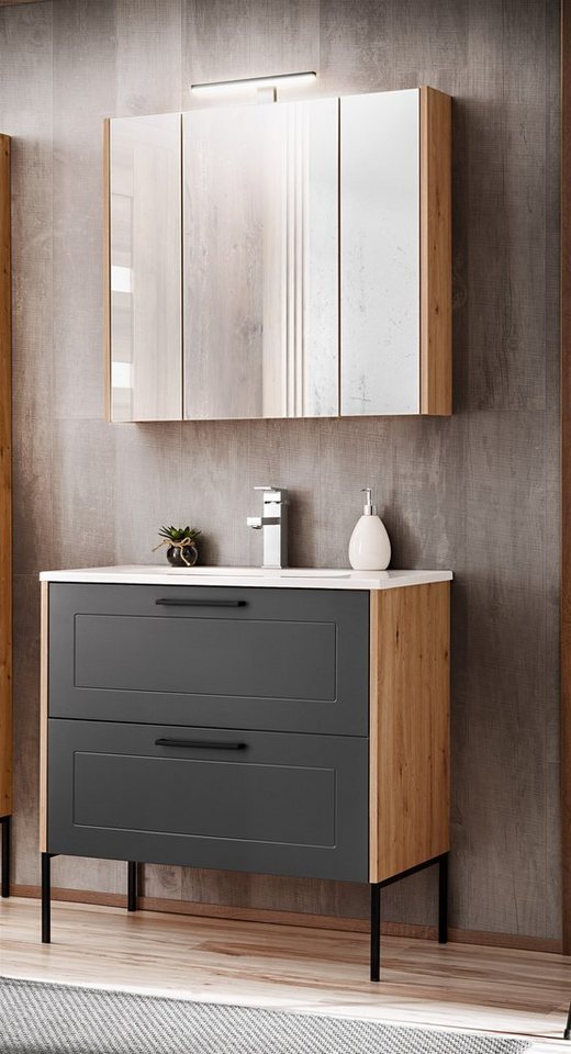 Fun Möbel Badmöbel-Set 2-tlg Badezimmerset PANTIN Grau inkl. Waschtisch 80cm, (Set, 2-St., Unterschrank inkl. Keramikbecken, Spiegelschrank inkl. LED) von Fun Möbel