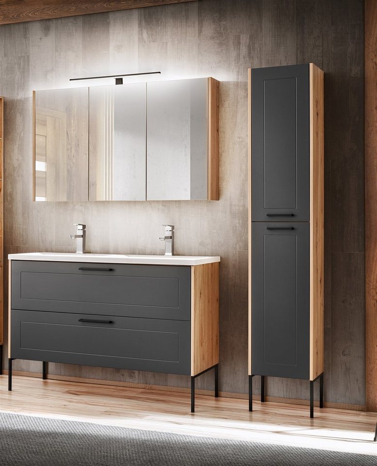 Fun Möbel Badmöbel-Set 3-tlg Badezimmerset PANTIN Grau inkl. Waschtisch 120cm, (Set, 3-St., Unterschrank inkl. Keramikbecken, Hochschrank, LED-Spiegelschrank), Schubladen und Türen mit Soft-Close-System, Spiegelschrank inkl. LED von Fun Möbel