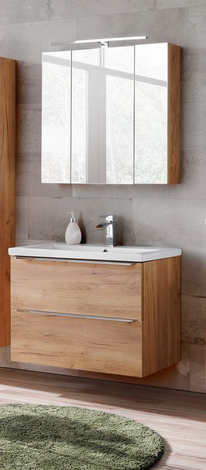 Fun Möbel Badmöbel-Set 3-tlg PERUGIA Eiche inkl. Waschbecken, (Set, 3-St., Unterschrank 60 oder 80cm, Waschbecken, Spiegelschrank), Schubladen und Türen mit Soft-Close-System, Spiegelschrank inkl. LED von Fun Möbel