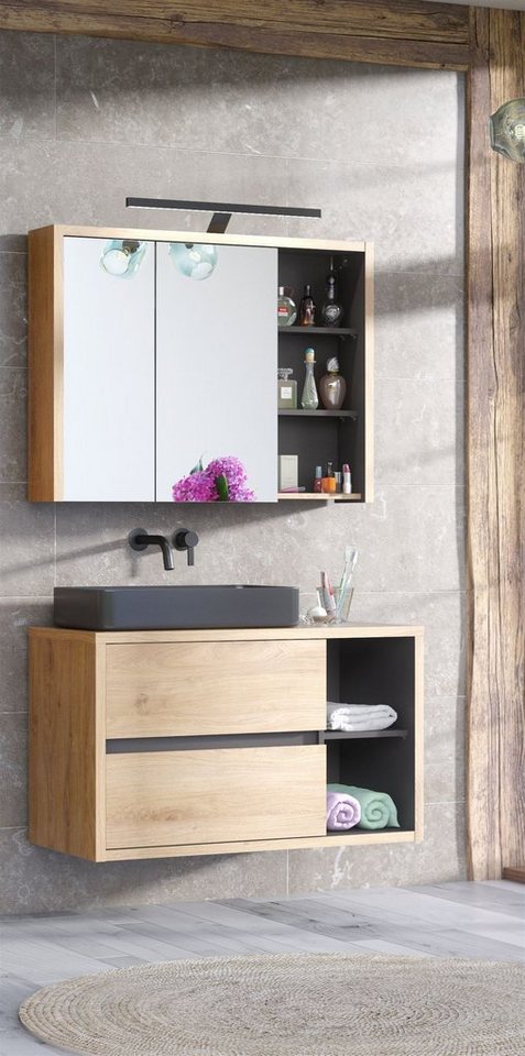 Fun Möbel Badmöbel-Set 3-tlg oder 2-tlg MARINA mit/ohne Waschtisch 60 cm, (Set, 3-St., Unterschrank, LED-Spiegelschrank mit/ohne Aufsatzwaschtisch), Schubladen und Türen mit Soft-Close-System, Spiegelschrank inkl. LED von Fun Möbel