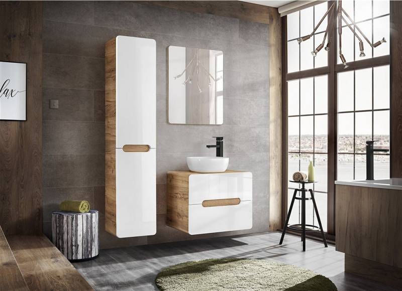 Fun Möbel Badmöbel-Set 3-tlg oder 4-tlg Badezimmerset FERMO Weiss HGL mit/ohne Waschtisch, (Set, 3-St., Unterschrank 60/80cm, Spiegel, Hängeschrank, mit/ohne Waschtisch), Schubladen und Türen mit Soft-Close-System, Spiegel von Fun Möbel
