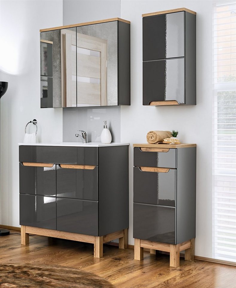 Fun Möbel Badmöbel-Set Badmöbel Set 4-tlg Badezimmerset DEVI Grau HGL inkl. Waschtisch 60 cm, (Set, 4-St., Waschbeckenschrank, Becken, Hochschrank, Hängeschrank, Spiegelschrank), Schubladen und Türen mit Soft-Close-System von Fun Möbel