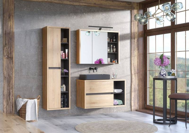 Fun Möbel Badmöbel-Set 4-tlg oder 3-tlg MARINA mit/ohne Waschtisch 60 cm, (Set, 3-St., Unterschrank, Hochschrank, Spiegelschrank, m./o. Aufsatzwaschtisch), Schubladen und Türen mit Soft-Close-System, Spiegelschrank inkl. LED von Fun Möbel