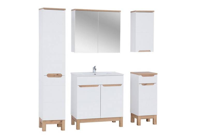 Fun Möbel Badmöbel-Set Badmöbel Set 5-tlg Badezimmerset DEVI Weiss HGL inkl. Waschtisch 80 cm, (Set, 5-St., Waschbeckenschrank, Becken, Hochschränke, Hängeschrank, Spiegelschrank), Schubladen und Türen mit Soft-Close-System von Fun Möbel