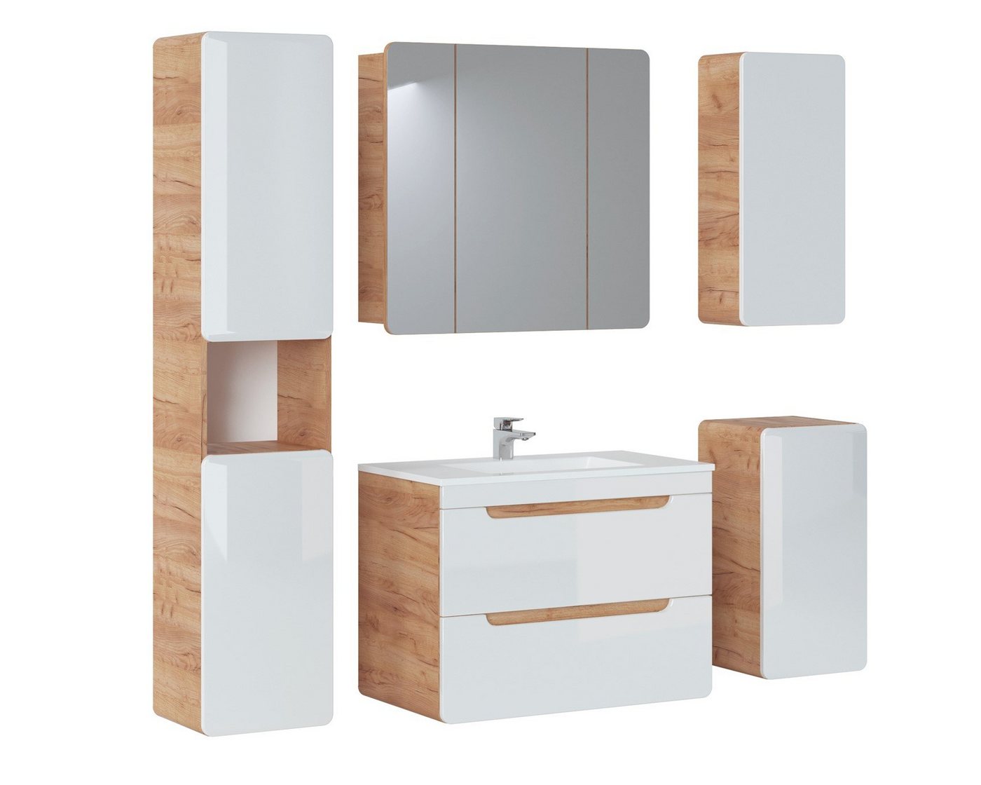 Fun Möbel Badmöbel-Set Badmöbel Set 5-tlg Badezimmerset FERMO Weiss HGL inkl. Waschtisch 80cm, (Set, 5-St., Waschbeckenschrank inkl. Keramikbecken, Spiegelschrank, Hängeschränke), Schubladen und Türen mit Soft-Close-System Fun Möbel Badmöbel-Set Badmöbel Set 5-tlg Badezimmerset FERMO Weiss HGL inkl. Waschtisch 80cm, (Set, 5-St., Waschbeckenschrank inkl. Keramikbecken, Spiegelschrank, Hängeschränke), Schubladen und Türen mit Soft-Close-System von Fun Möbel
