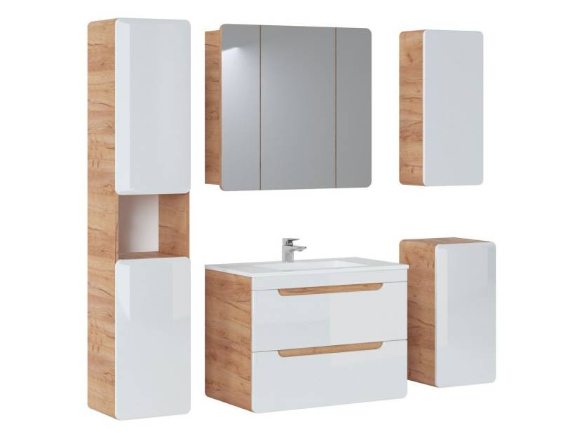 Fun Möbel Badmöbel-Set Badmöbel Set 5-tlg Badezimmerset FERMO Weiss HGL inkl. Waschtisch 80cm, (Set, 5-St., Waschbeckenschrank inkl. Keramikbecken, Spiegelschrank, Hängeschränke), Schubladen und Türen mit Soft-Close-System von Fun Möbel