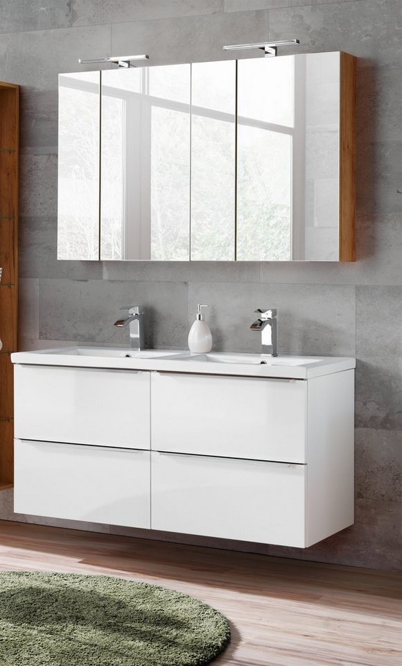 Fun Möbel Badmöbel-Set 5-tlg PERUGIA Weiß HGL inkl. Waschbecken, (Set, 5-St., 2xUnterschrank mit Doppelwaschbecken, 2xSpiegelschrank), Schubladen und Türen mit Soft-Close-System, Spiegelschrank inkl. LED von Fun Möbel