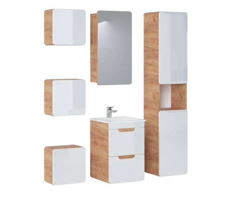 Fun Möbel Badmöbel-Set Badmöbel Set 6-tlg Badezimmerset FERMO Weiss HGL inkl. Waschtisch 40cm, (Set, 6-St., Waschbeckenschrank inkl. Keramikbecken, Spiegelschrank, Hängeschränke), Schubladen und Türen mit Soft-Close-System von Fun Möbel