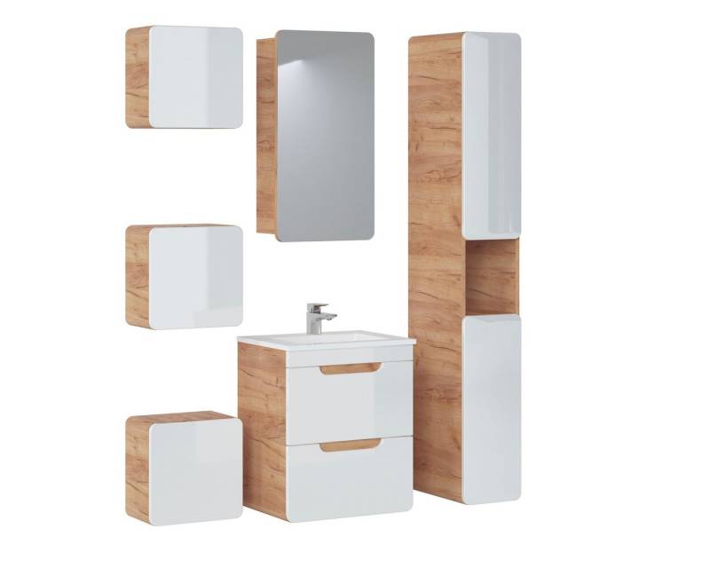 Fun Möbel Badmöbel-Set Badmöbel Set 6-tlg Badezimmerset FERMO Weiss HGL inkl. Waschtisch 50cm, (Set, 6-St., Waschbeckenschrank inkl. Keramikbecken, Spiegelschrank, Hängeschränke), Schubladen und Türen mit Soft-Close-System von Fun Möbel