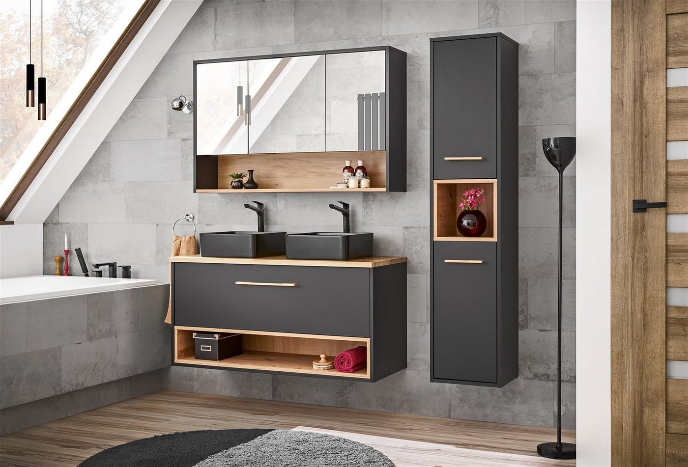 Fun Möbel Badmöbel-Set 6-tlg oder 4-tlg BURBON in Graphit mit oder ohne 2 x Aufsatzwaschtisch, (Set, 6-St., Waschbeckenunterschrank, Spiegelschrank, Hängeschrank), Schubladen und Türen mit Soft-Close-System Fun Möbel Badmöbel-Set 6-tlg oder 4-tlg BURBON in Graphit mit oder ohne 2 x Aufsatzwaschtisch, (Set, 6-St., Waschbeckenunterschrank, Spiegelschrank, Hängeschrank), Schubladen und Türen mit Soft-Close-System von Fun Möbel