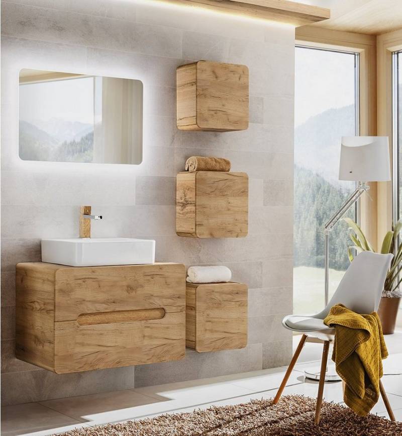 Fun Möbel Badmöbel-Set 6-tlg oder 5-tlg Badezimmerset FERMO 60cm Gold-Eiche, (Set, 5-St., Unterschrank, Spiegel, 3 x Hängeschrank, mit/ohne Waschtisch), Soft-Close-Automatik, LED-Spiegel von Fun Möbel