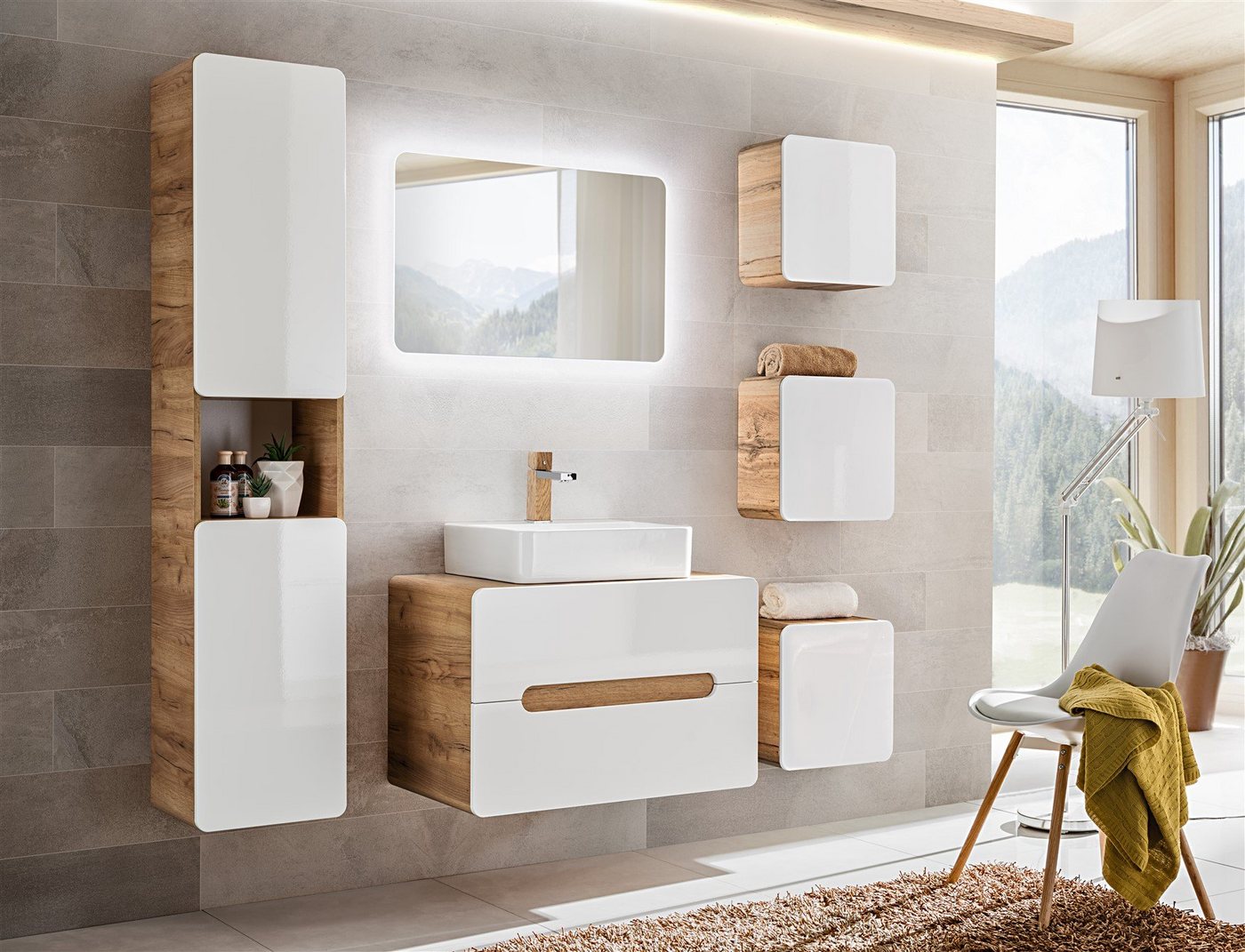 Fun Möbel Badmöbel-Set Badmöbel Set 7-tlg oder 6-tlg Badezimmerset FERMO Weiss HGL, (Set, 7-St., Waschbeckenunterschrank, Spiegel LED, 4 x Hängeschrank), Schubladen und Türen mit Soft-Close-System, Spiegel inkl. LED Fun Möbel Badmöbel-Set Badmöbel Set 7-tlg oder 6-tlg Badezimmerset FERMO Weiss HGL, (Set, 7-St., Waschbeckenunterschrank, Spiegel LED, 4 x Hängeschrank), Schubladen und Türen mit Soft-Close-System, Spiegel inkl. LED von Fun Möbel