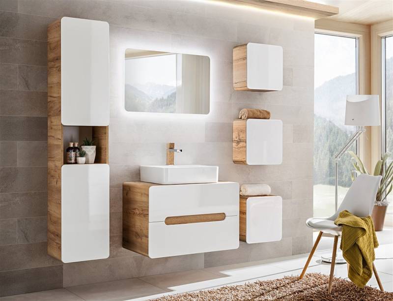 Fun Möbel Badmöbel-Set Badmöbel Set 7-tlg oder 6-tlg Badezimmerset FERMO Weiss HGL, (Set, 7-St., Waschbeckenunterschrank, Spiegel LED, 4 x Hängeschrank), Schubladen und Türen mit Soft-Close-System, Spiegel inkl. LED von Fun Möbel
