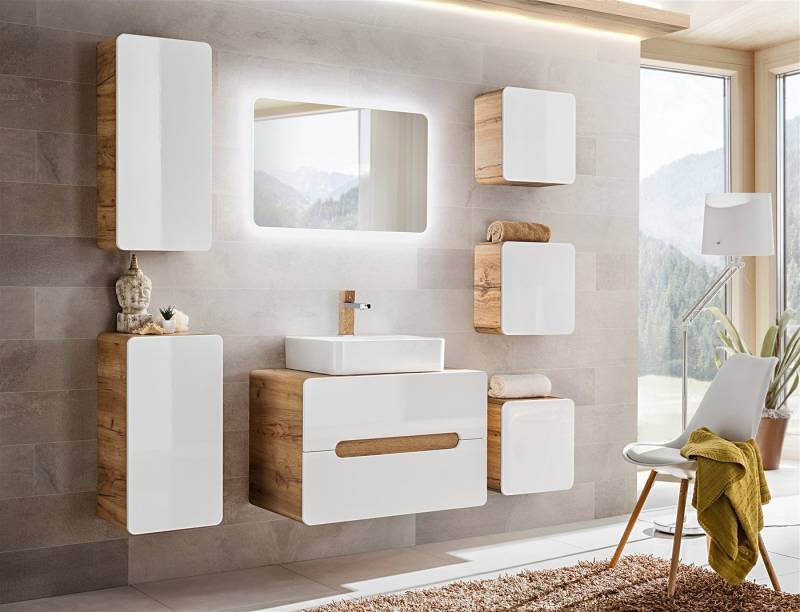 Fun Möbel Badmöbel-Set Badmöbel Set 8-tlg oder 7-tlg Badezimmerset FERMO Weiss HGL, (Set, 7-St., Waschbeckenunterschrank, Spiegel LED, 5 x Hängeschrank), Schubladen und Türen mit Soft-Close-System, Spiegel inkl. LED von Fun Möbel