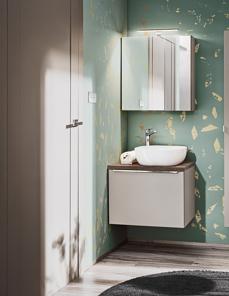 Fun Möbel Badmöbel-Set Serie AKAN Set 60cm 2/3 tlg in Taupe, (Set, 2-St., Waschbeckenunterschrank, Spiegelschrank), Schubladen mit Soft-Close-System von Fun Möbel